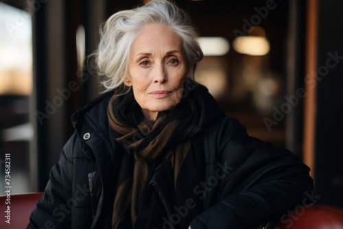 Portrait of a senior woman sitting in a cafe. Looking at camera.