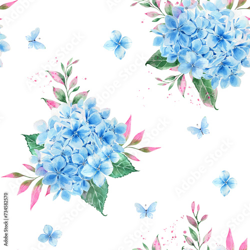 Fototapeta Naklejka Na Ścianę i Meble -  Seamless print of blue hydrangea and butterflies, vintage design for fabrics, wallpaper.