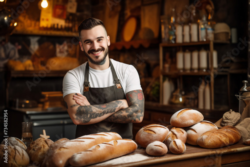 Tattooed Artisan Baker with a Confident Smile in a Rustic Bread Baker. Small Business and Handmade Baking Concept