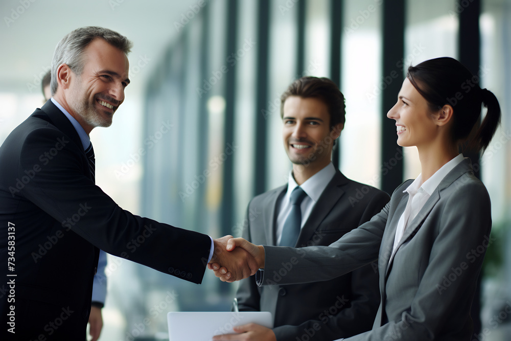 Business Executives Shaking Hands During a Meeting in a Corporate Office. Professional Partnership and Agreement Concept Business Executives Shaking Hands During a Meeting in a Corporate Office. Professional Partnership and Agreement Concept