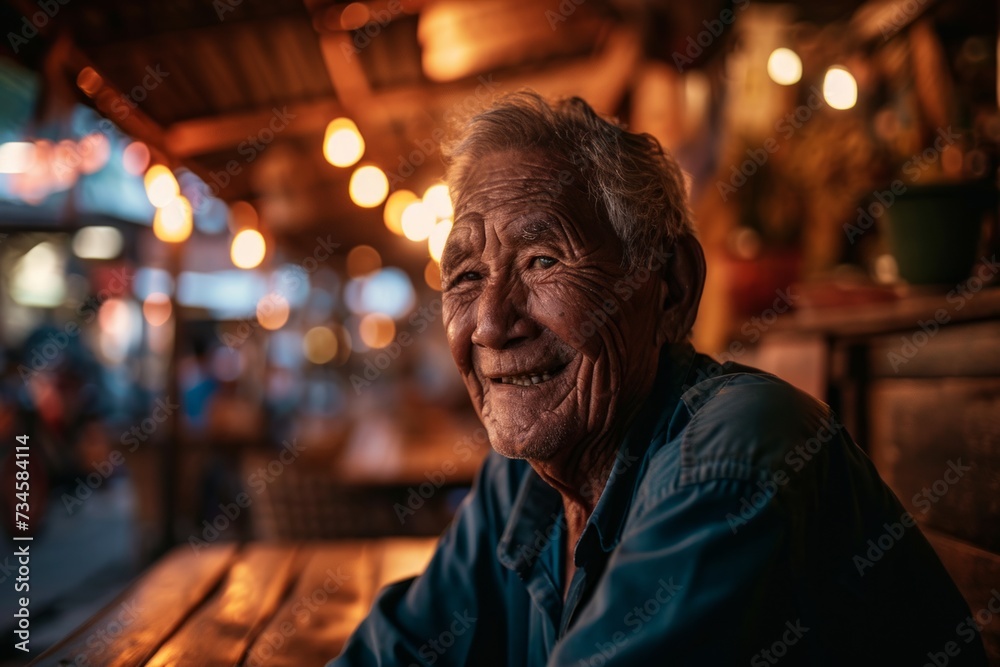 Portrait of an elderly Asian man sitting in a cafe at night.