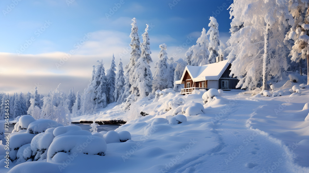 Calm Winter Scene: A Lonely Cabin Enclosed in a Crystalline Winter Wonderland under Starlit Skies.