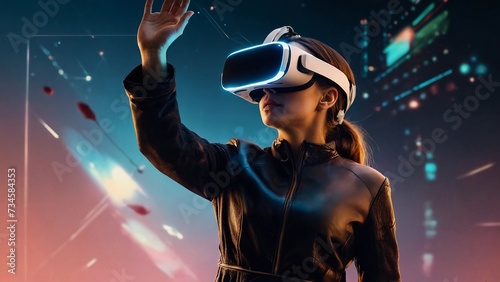 Woman testing VR glasses or goggles, headset, enjoys virtual reality. Teenage girl in virtual reality, cyberspace using VR headset surprised at possibilities that new technologies and gadgets open up.