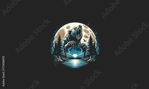 bear angry on forest night moon vector artwork design
