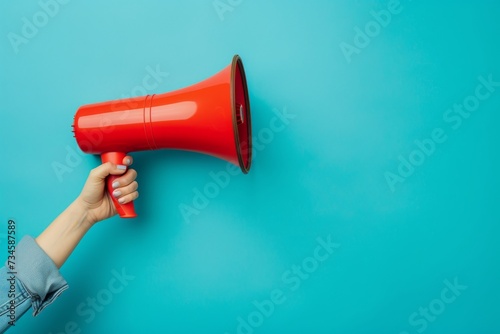with a red megaphone ready to break the silence against the calm turquoise backdrop
