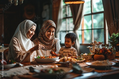 Tradition and Cuisine  Muslim Family Dinners  Togetherness  and Joyful Hijabs  Joyful Muslim Family Enjoying a Traditional Home-Cooked Meal Together