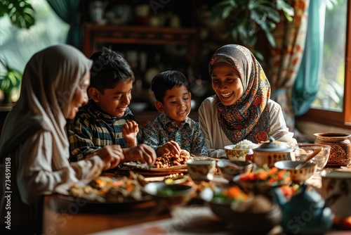 Tradition and Cuisine  Muslim Family Dinners  Togetherness  and Joyful Hijabs  Joyful Muslim Family Enjoying a Traditional Home-Cooked Meal Together