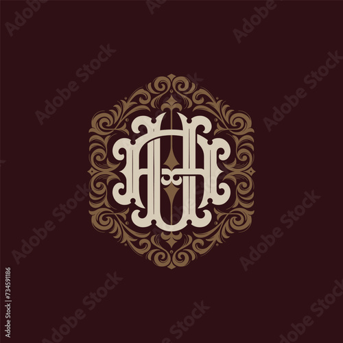 Victorian style monogram with initial AU or UA. Badge logo design. can be applied on stationery  invitations  signage  packaging  or even as a branding element and etc