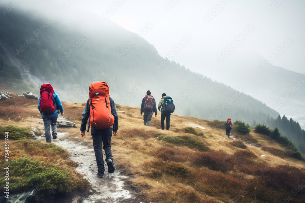 Group of Hikers Trekking Through Misty Green Valley. Adventure and Exploration in Nature Concept
