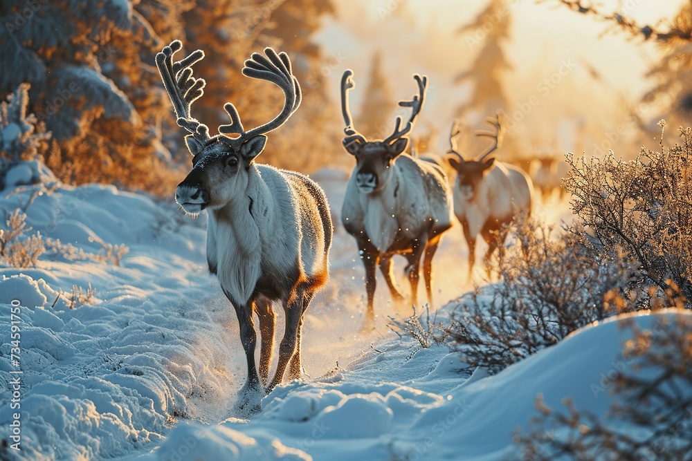Reindeer Herd Trotting Through Snowy Landscape Reindeer Herd Trotting Through Snowy Landscape
