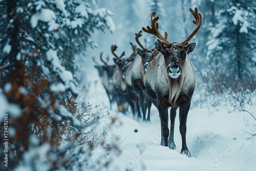 Reindeer Herd Trotting Through Snowy Landscape