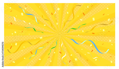 リボンと紙吹雪が舞うサンバースト背景