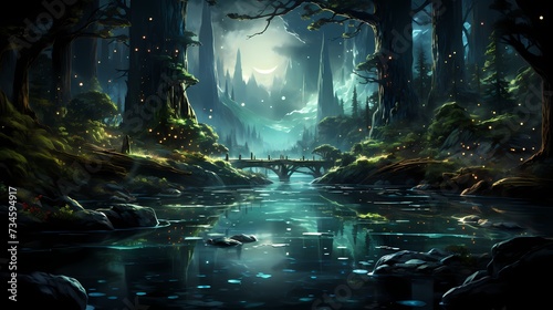 A serene obsidian black lake surrounded by lush vegetation  with a canopy of stars casting their light upon its tranquil waters