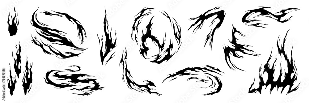 Fire flame manga explosion effect. Black ink hand drawn silhouettes anime graphic. Vector isolated illustration.