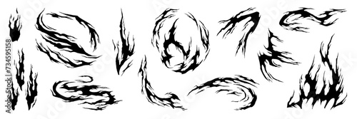 Fire flame manga explosion effect. Black ink hand drawn silhouettes anime graphic. Vector isolated illustration.