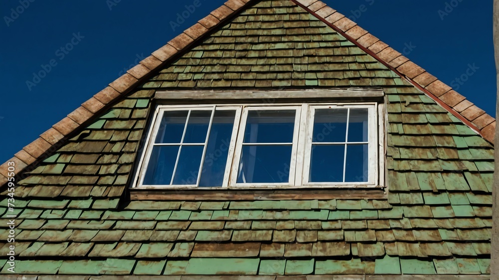 Dormer windows on green house, with bright blue sky in background from Generative AI