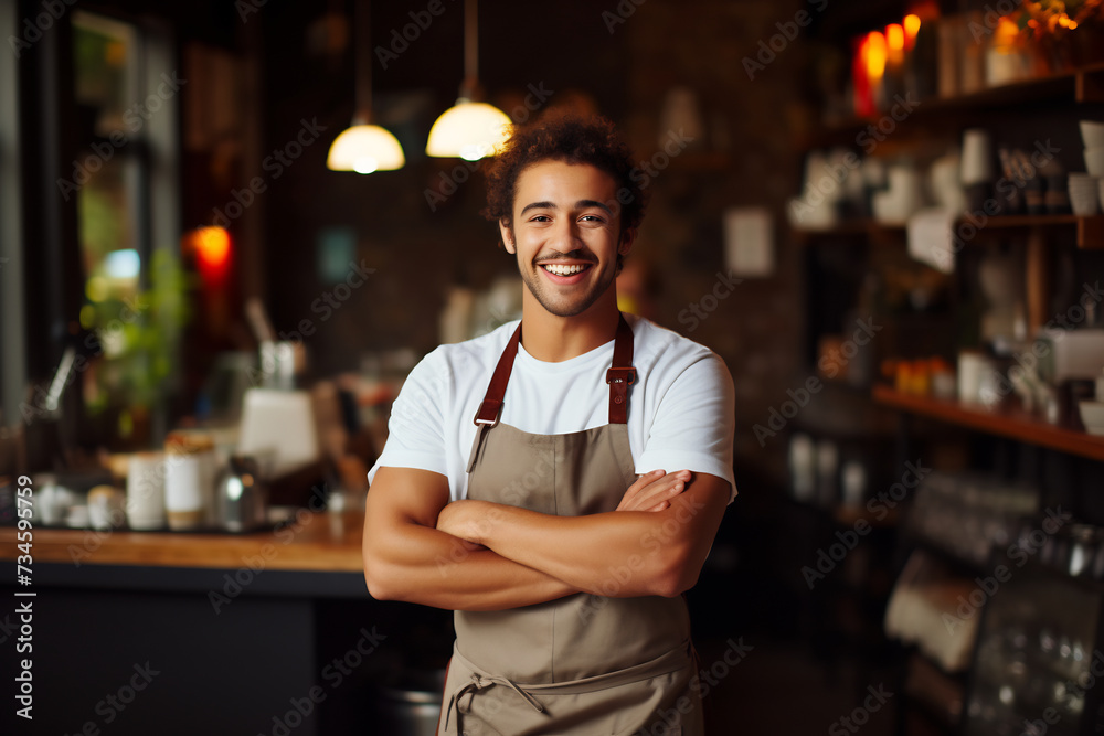 Obraz premium Confident Male Barista Smiling in a Cozy Coffee Shop. Small Business and Hospitality Concept