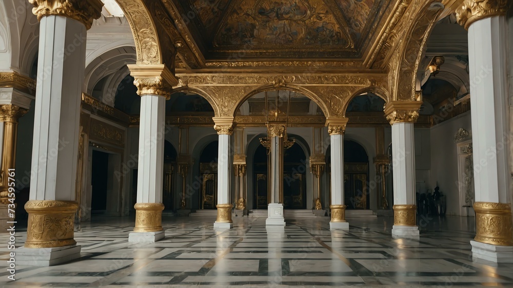 Interior of a palace with white and gold columns and arches from Generative AI