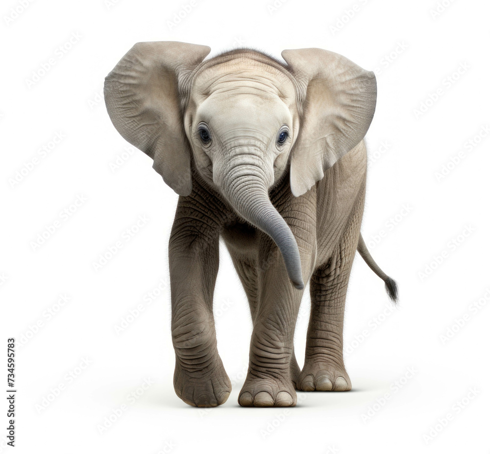 Fototapeta premium A baby elephant is isolated walking with trunk hanging down.