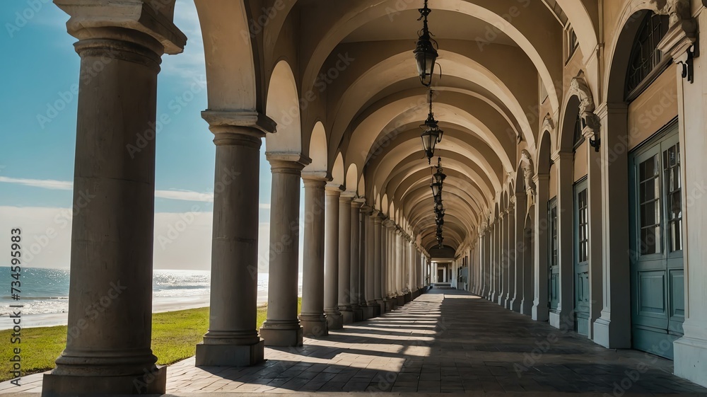 Long corridor of southern mansion with arches and columns beside the beach from Generative AI