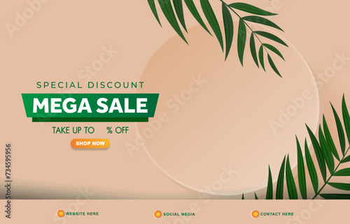 special discount mega sale template banner with copy space 3d podium for product sale with abstract gradient brown background design