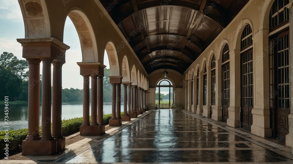 Long corridor of southern mansion with arches and columns beside the lake from Generative AI