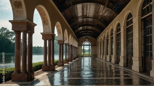 Long corridor of southern mansion with arches and columns beside the lake from Generative AI