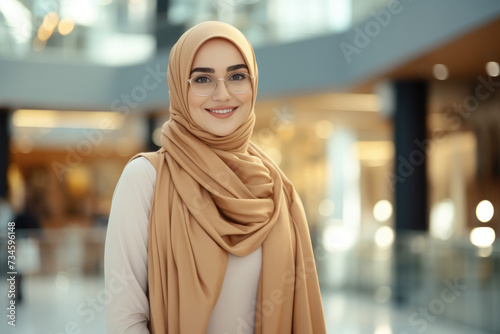 portrait of Attractive Muslim women wearing hijab walking at modern shopping center