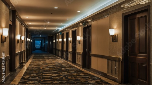 Long corridor with door rooms in a hotel from Generative AI