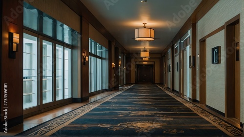 Long corridor with door rooms in a hotel from Generative AI