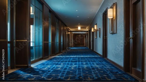 Long corridor with door rooms in a luxury hotel with blue carpet from Generative AI