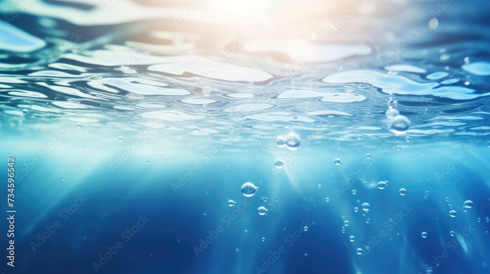 Tranquil water surface in soft focus, a blend of blue hues, bubbles dancing, Ai Generated.