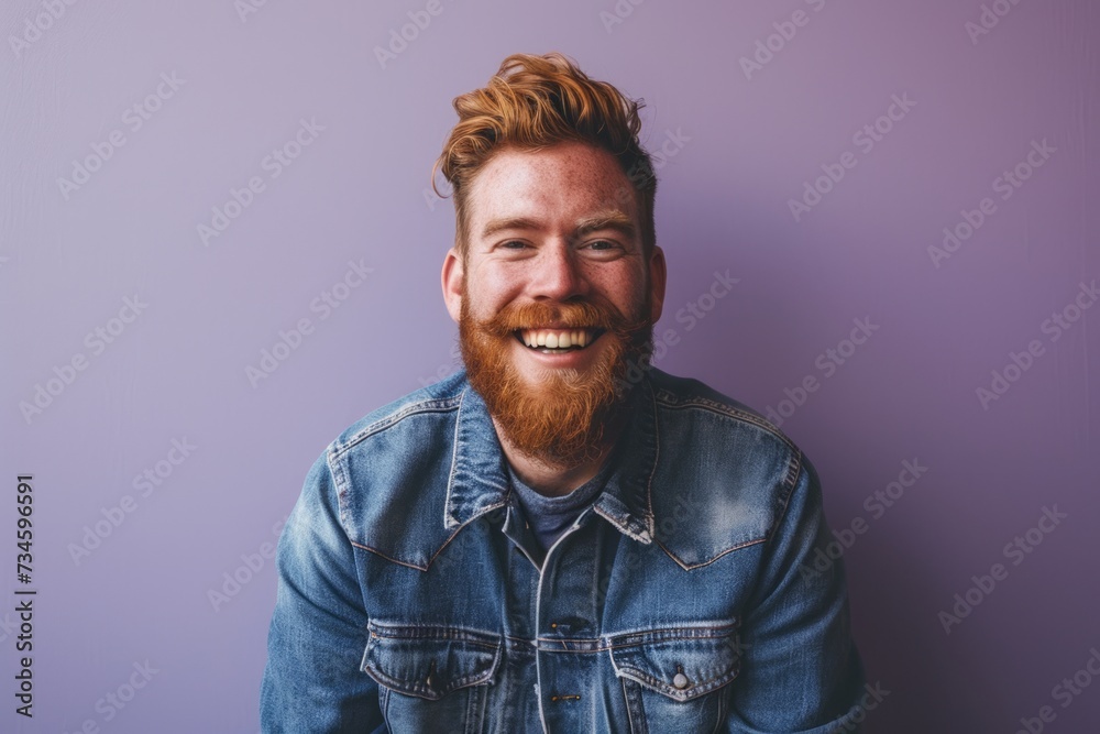 Obraz premium Portrait of a red-bearded hipster man on a purple background