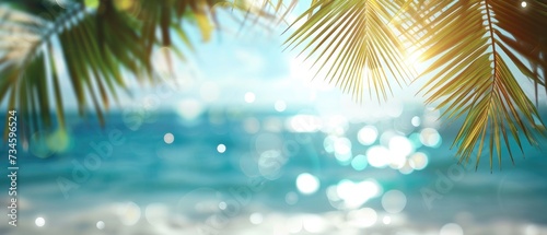 Serene sea backdrop with sunlit bokeh, palm leaves create a dreamy coastal allure, Ai Generated.