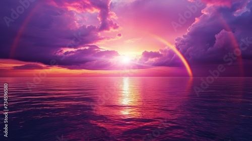 A dramatic sea sunset unfolds, painting the sky with glowing purple clouds and a rainbow, Ai Generated.