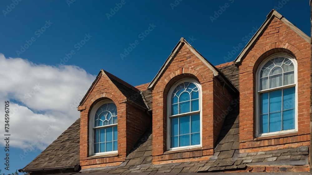 Three dormer windows on brick house, with bright blue sky in background from Generative AI
