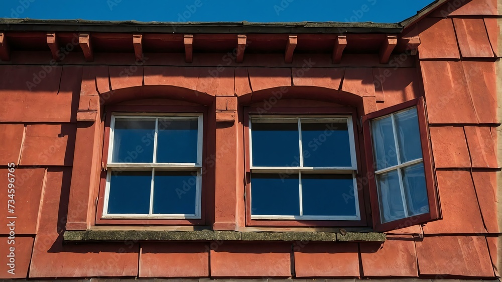 Three dormer windows on red house, with bright blue sky in background from Generative AI