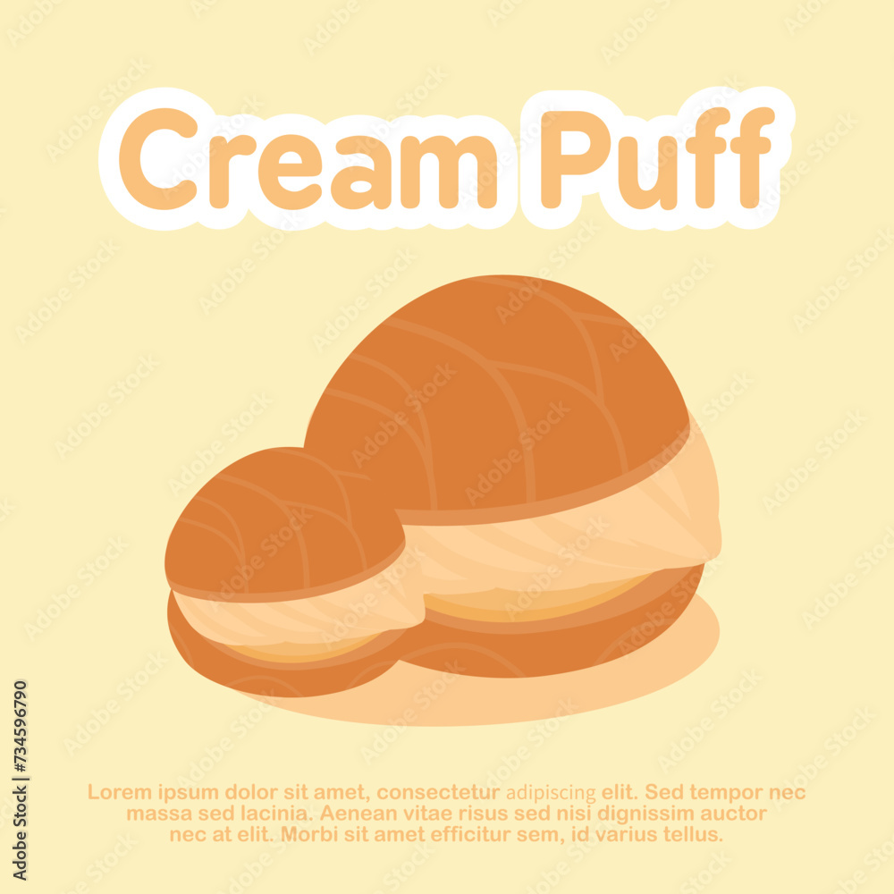 flat illustration of cream puff cake with vanilla filling isolated white background flat illustration of cream puff cake with vanilla filling isolated white background