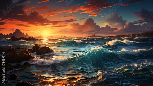 A serene sunset over a striking cobalt blue ocean, casting a warm golden glow on the water
