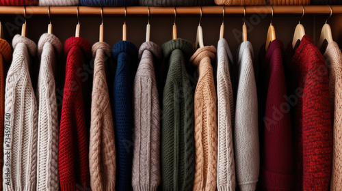 Neat row of knit sweaters hangs in closet, offering cozy wardrobe options. Ai Generated