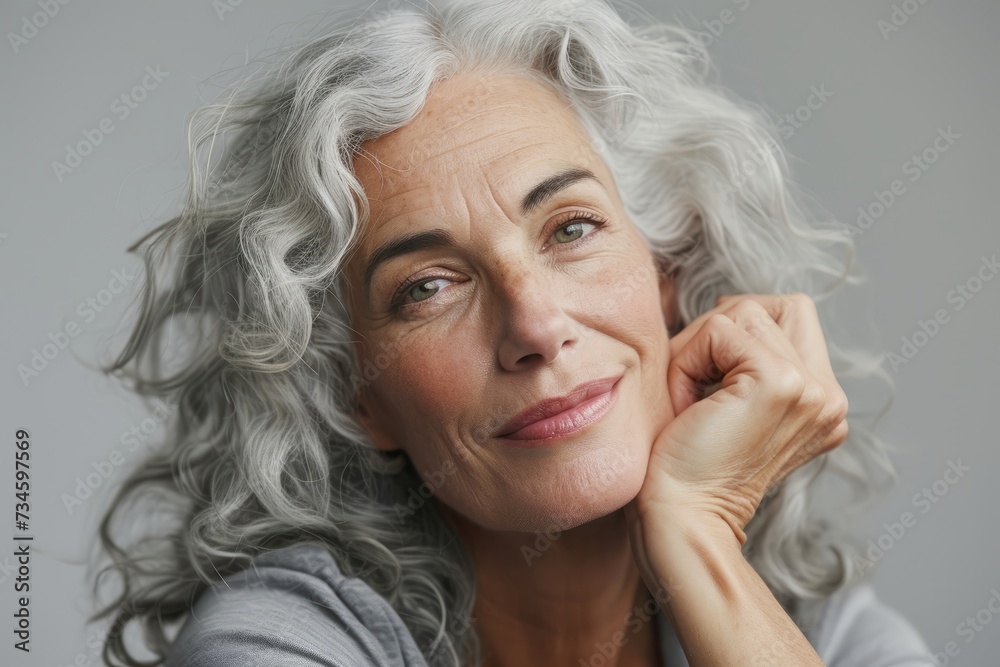 Portrait of beautiful senior woman with grey hair, isolated on grey background Portrait of beautiful senior woman with grey hair, isolated on grey background