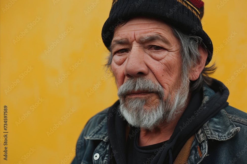 Portrait of an old man with a gray beard in a hat on a yellow background Portrait of an old man with a gray beard in a hat on a yellow background