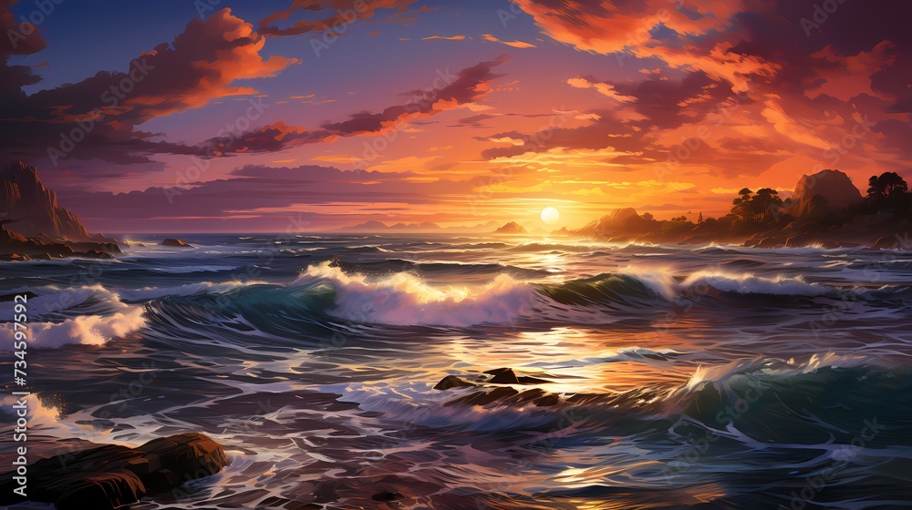A serene sunset over a striking cobalt blue ocean, casting a warm golden glow on the water - obrazy, fototapety, plakaty 