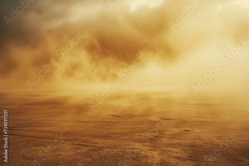 dust storm in a desert, with sand blowing across the landscape