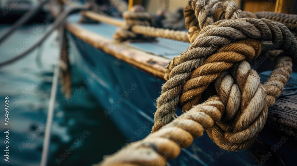 Rope tied to ship, close-up view reveals nautical details and maritime charm. Ai Generated - obrazy, fototapety, plakaty 