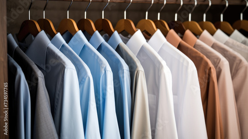 Neatly hung men's shirts in close-up, organized within the closet. Ai Generated