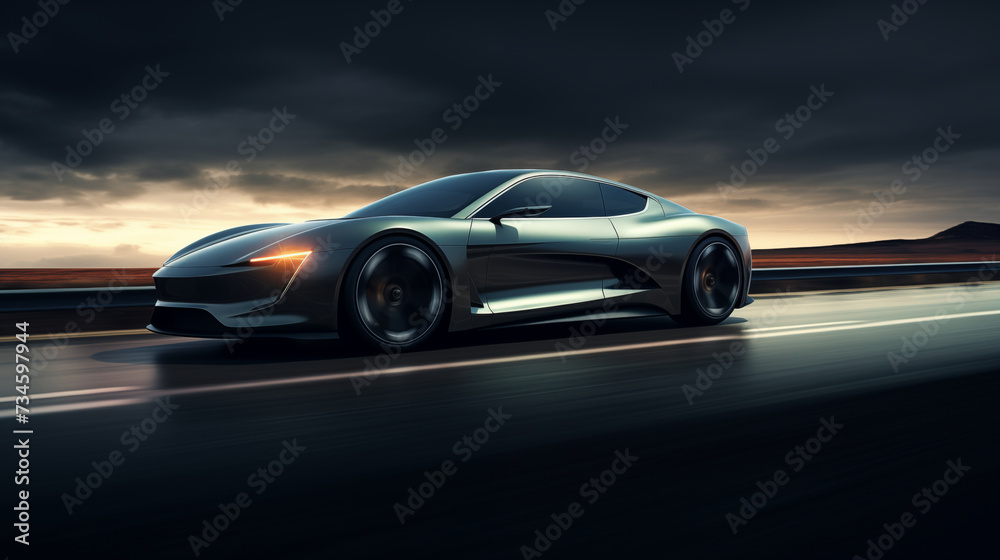Rapid Motion: Black Supercar Blurs Past Autobahn, Accelerating with Intense Speed - obrazy, fototapety, plakaty 