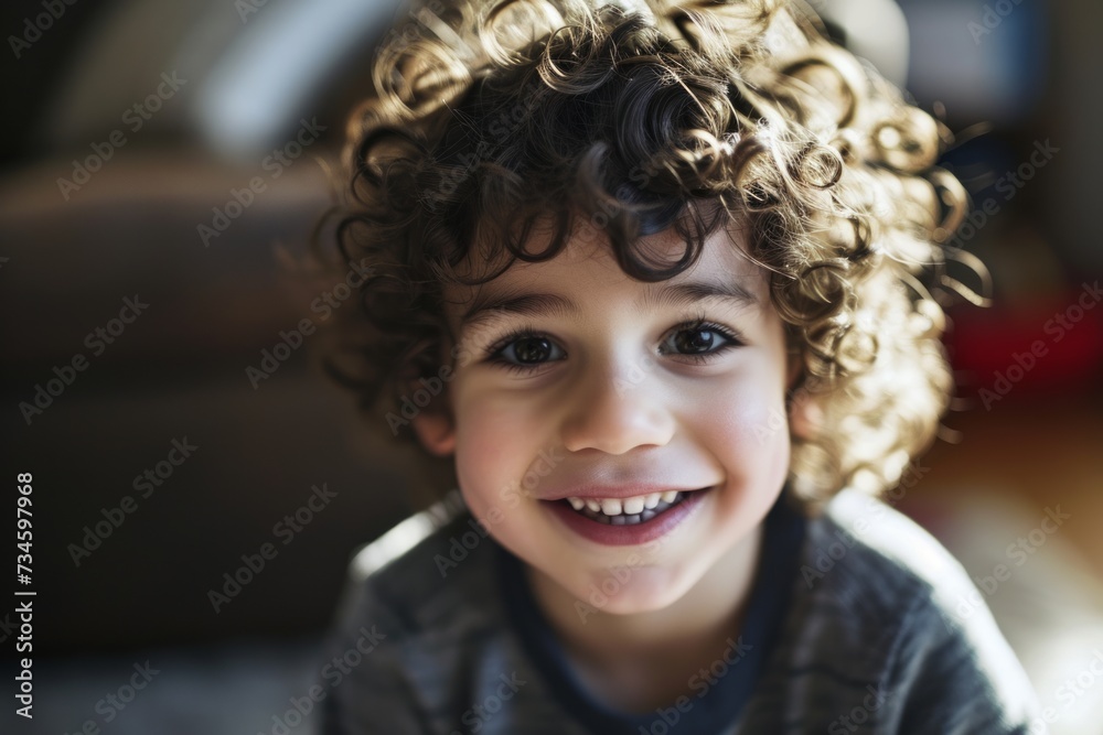 Portrait of a cute little boy with curly hair smiling and looking at camera