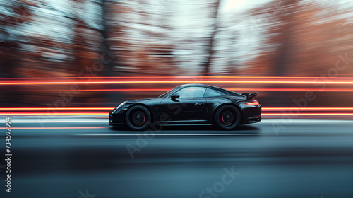 Autobahn Adrenaline: Black Supercar Speeds Past with Motion Blur, Racing Along Highway © Phrygian