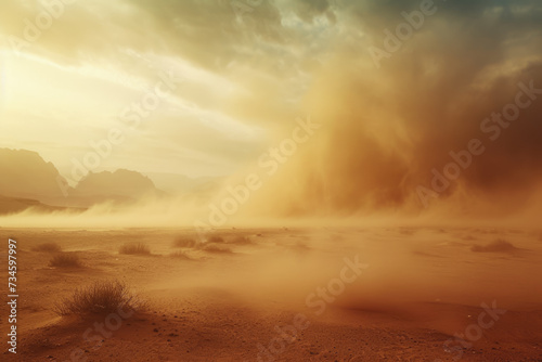 dust storm in a desert, with sand blowing across the landscape